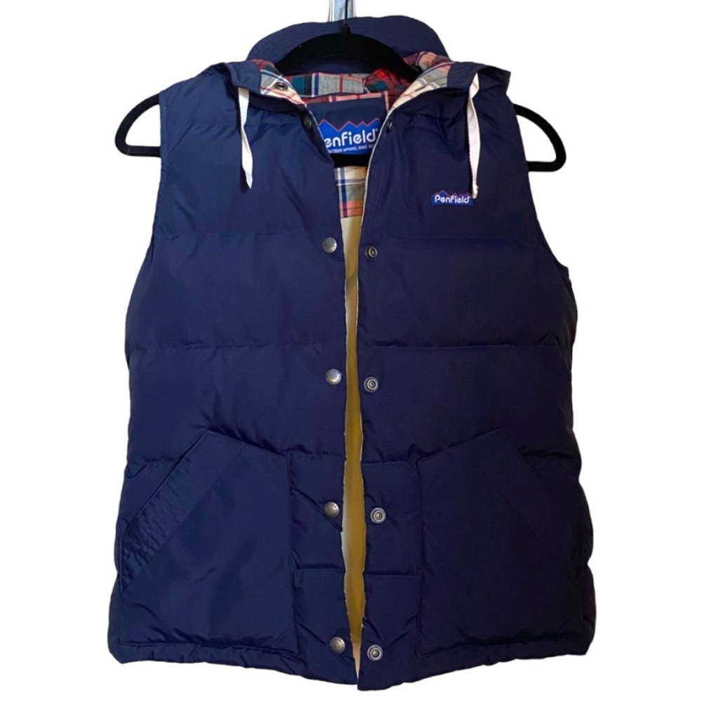Penfield blue puffer vest with hood, down and feather filler, size small